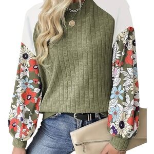Floral Sleeve Green Sweater